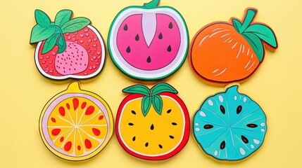 Sticker -  a group of cut out fruit on a yellow background with a green leaf.  generative ai