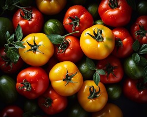 Canvas Print - Colorful ripe tomatoes seamless background. Top view, ai generated