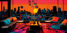 A Pop - Art Depiction Of A Rooftop Bar At A Boutique Hotel During Sunset, Illuminated Cityscape Backdrop, Whimsical Cocktail Glasses, Chic Furniture, Warm Lighting, Splashes Of Vibrant Colors