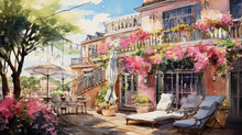 A Whimsical, Watercolor - Style Image Of A Boutique Hotel's Lush Rooftop Garden, Colorful Blossoms, Wrought - Iron Furniture, Serene Water Fountain, Inviting Hammock