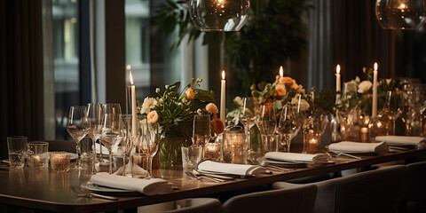 Elegant dining area of a boutique hotel, crystal chandeliers, white linen covered tables, silver cutlery, wine glasses, floral centerpieces, classy and sophisticated