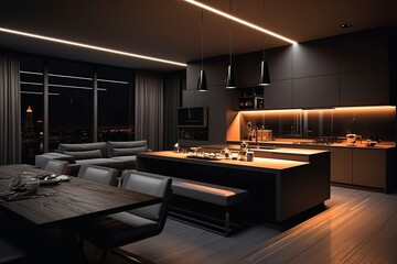 A sleek and contemporary one room apartment with a strikingly modern interior showcases a dark color scheme, enhanced by sleek LED lighting. The expansive space contains a kitchen, a dining table, and