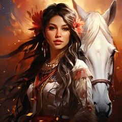 Wall Mural - 
American Indian girl in a national costume with beads and feathers in her hair. Sunbeams and a horse. wild west theme. cover of a women's novel. Generative AI