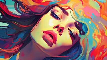 Wall Mural - Portrait of a beautiful woman with bright make-up. Vector illustration.