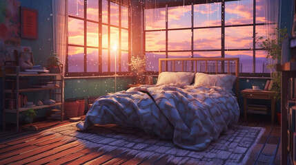 Bedroom lofi style raining outside at day. Very chill and cozy home. Cute manga anime drawing. Beautiful atmospheric light. Chill relaxing