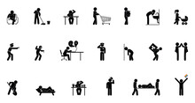Stick Figure Human Silhouette, People Icon, Isolated Pictogram, Man In Different Situations
