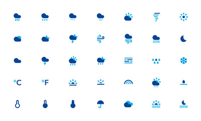 Weather icons. Weather forecast icon set. Clouds logo. Weather , clouds, sunny day, moon, snowflakes, wind, sun day. Vector illustration.