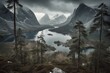 Mountainous and bleak landscape in Norway: imposing and melancholic., generative IA