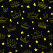 Stars and crowns on black background, vector pattern