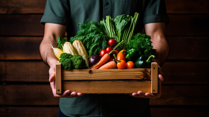 farmer holds box with fresh vegetables on dark background. generative AI