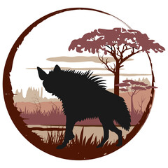 Wall Mural - Round frame with hyena silhouette and african savannah landscape. Vector illustration.	