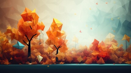 Abstract geometric shapes imitating an autumn scene with trees and falling leaves. Generative AI