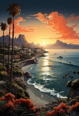 Canvas Print - Sunset or sunrise on the beach landscape with beautiful sky and sun reflection over the water. Summer vacation background cartoon concept
