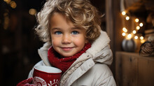 Portrait Of A Cute Young Boy Warmly Dressed For A Cool Winter Christmas Holding A Cup Of Hot Cocoa. Generative AI.