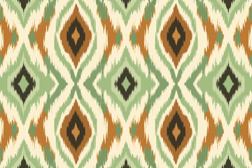 Ikat pattern in light brown and green ethnic pattern. Traditional folk antique ornate elegant luxury background. Print design for fabric texture textile wallpaper background backdrop.