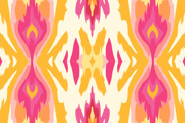 Ikat pattern in pink and yellow ethnic pattern. Traditional folk antique ornate elegant luxury background. Print design for fabric texture textile wallpaper background backdrop.