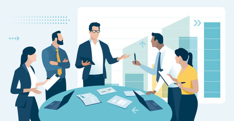 Wall Mural - Business plan meeting illustration. The team has a discussion at a round table. Vector illustration.
