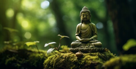 Wall Mural - Buddha in a green mystical background