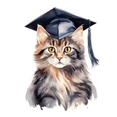 Wall Mural - Cute watercolor cat in graduarion cap isolated