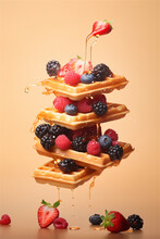 Food levitation. Floating waffles and berries