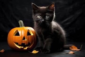 Fluffy cute black kitten with pumpkin jack o lantern on dark background with leaves. Halloween autumn concept. Background with copy space	