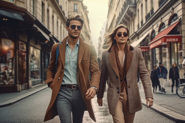 A man and a woman dressed fashionably in sunglasses are walking on a city street. lifestyle concept. Generative Ai, Ai.