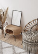 Leinwandbild Motiv Home mockup, white room with natural wooden furniture, Scandi-Boho style, 3d render