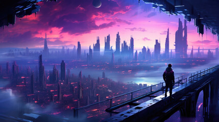 Wall Mural - A futuristic urban skyline rises high into the sky illuminated by a neonlit horizon while two rival gangs are locked cyberpunk ar