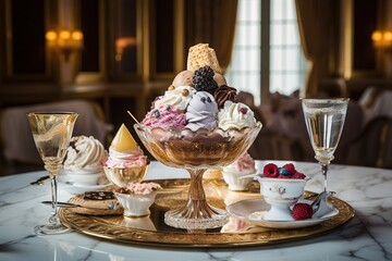 Sticker - ice cream in bowl in restaurant.