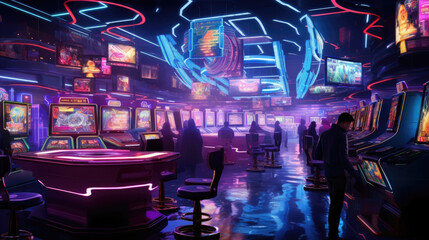 Wall Mural - an image of a hightech casino filled with a variety of cybernetic enhancements like robotic dealers 