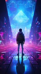 Wall Mural - a lonely gamer standing in front of a dimly lit holographic arcade game staring into the colorful lu