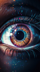 A closeup of a persons eye with colorful swirling light appearing over it representing augmented reality being seen through cyberpunk ar