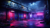 Fototapeta Londyn - An old abandoned warehouse made of concrete and steel now housing techsavvy rebels in masks illuminated by bright neon cyberpunk ar