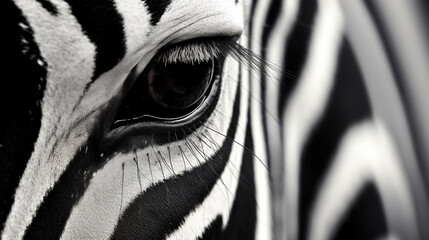 Monochrome, shallow depth of field image of a zebra with head and eye in focus and stripes in soft-focus, wildlife black and white stripes background texture closeup