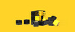 Chess pieces are a pawn and a king with a game cube. The yellow black playing field consists of cubes. 3d render on the topic of business, work, intelligence, chess games. Yellow background.