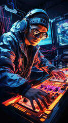 Wall Mural - An image of a DJ wearing goggles and a hoodie with a neonblue visor using a joystick and colorful sliders to mix a complex cyberpunk ar