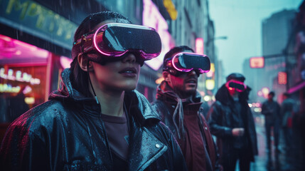 A group of people wearing augmented reality goggles walking in a line the neon signs in the street reflecting off multiple cyberpunk ar