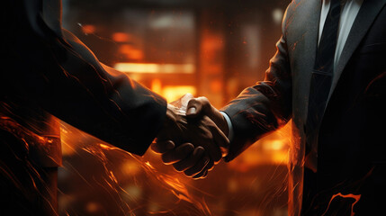 Wall Mural - a closeup of a chrome handshake between two darklyclad corporate ceos standing in a smoky neonlit bo