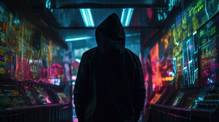 Wall Mural - a hooded figure silhouetted against a backdrop of neon signs and lights. cyberpunk ar