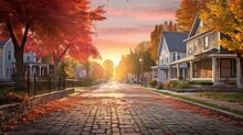 Autumn Morning Of A Small Town, Serene Suburban Street, With Vibrant Autumn Leaves Blanketing The Path And A Golden Sun Casting A Tranquil Glow Over Cozy Homes, Peaceful, Small-town Charm.