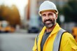 Middle age european man builder in yellow helmet smiling, looking in camera on the blurred background of the construction. Generative ai