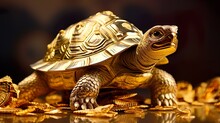 Isolated Golden Tortoises In Thai Style Coins