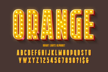 Retro cinema alphabet design, cabaret, LED lamps letters and numbers.