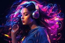 Illustration Of A Girl In Headphones With Flying Hair, In Neon Style