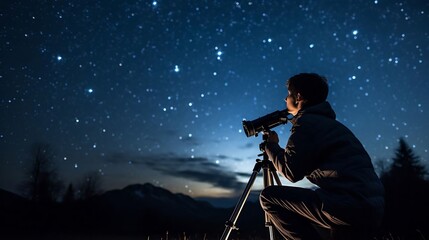 Young man stargazing through telescope