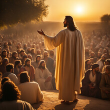 Jesus Speaking To Crowd At Sunset