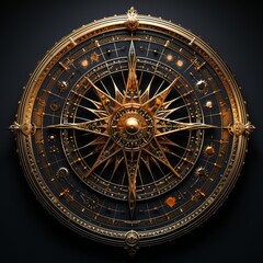 a circular gold astrology symbol with dark night background. generative ai.