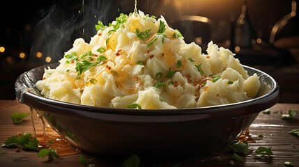 Canvas Print - mashed potatoes with sprinkled green leaves on table with blurred background