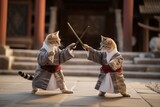 a pair of cats wearing martial armor. is practicing martial arts kung fu by playing stick. generative ai