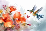 Fototapeta Motyle - beautiful flowers and birds with watercolors. generative ai
